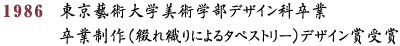 1986 東京藝術大学美術学部デザイン科卒業、卒業制作（綴れ織りによるタペストリー）デザイン賞受賞